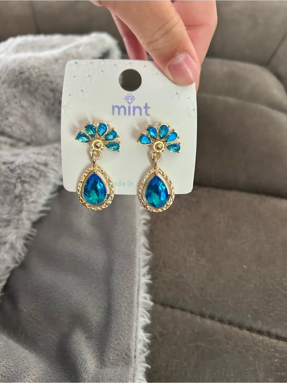 5/$25 Mint Gold-Tone Earrings with Teardrop Blue Crystals